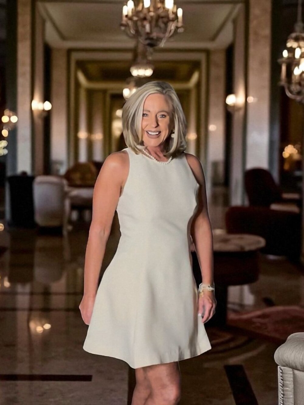 French Connection Structured Taffeta Flare Mini Dress (Porcelain Cream)